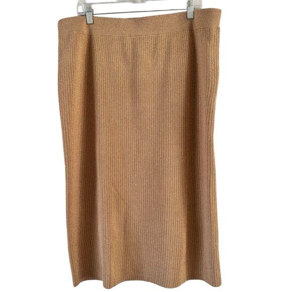 NWT Talbots Beige Ribbed Knit Sparkley Metallic Pull On Midi Skirt Womens Sz XL